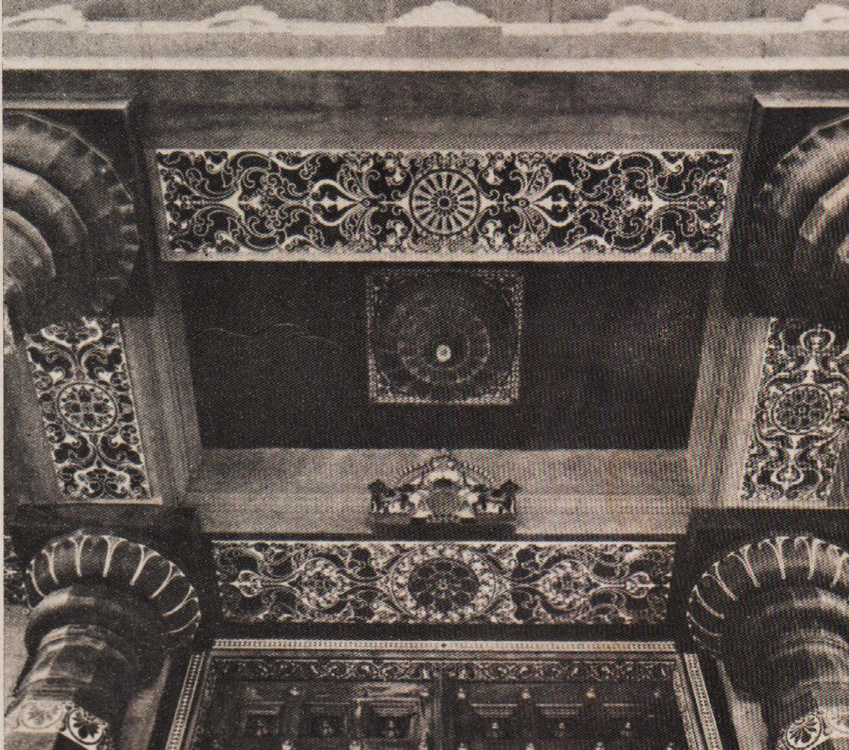 A view of the artistic carvings on the celling, beams and columns of the Mukha Mandapam (porch) of the Vivekananda Mandapam.