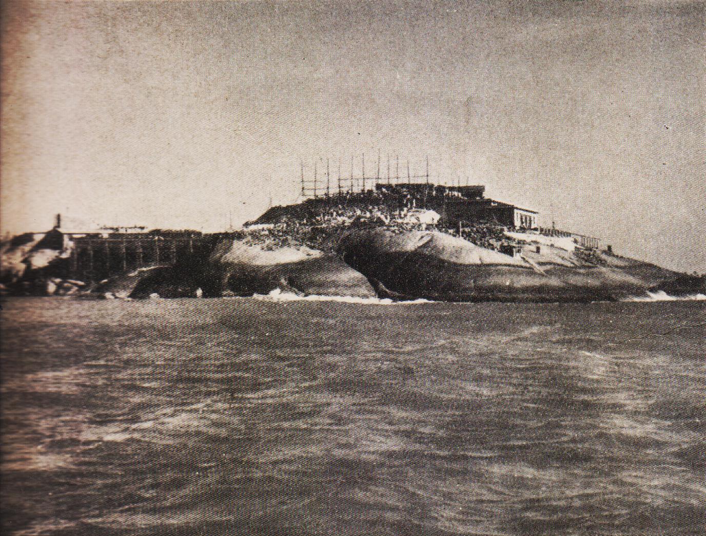 The Vivekananda Rock as viewed from teh sea in the initial stage of the memorial-construction.